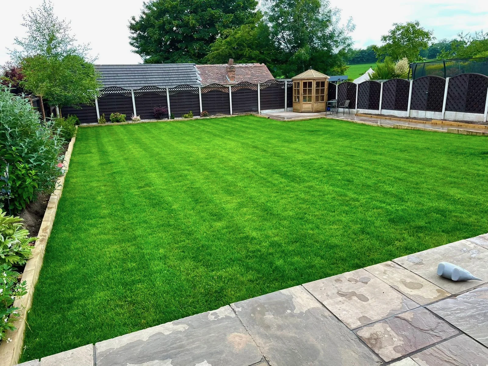 Finished Staffordshire garden with lawn, patio and landscaped borders.